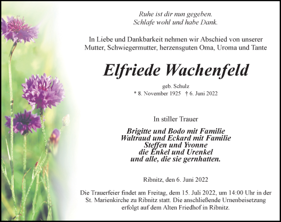 Traueranzeige von Elfriede Wachenfeld von Ostsee-Zeitung GmbH