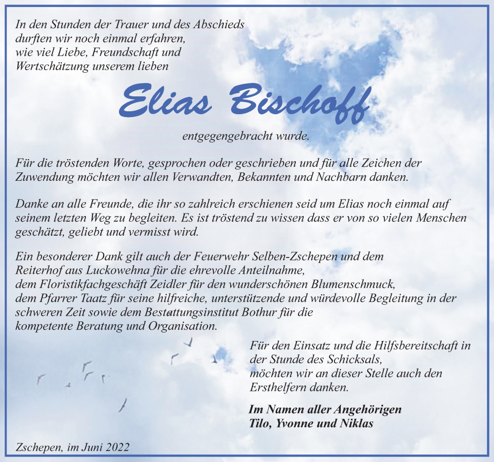  Traueranzeige für Elias Bischoff vom 18.06.2022 aus Leipziger Volkszeitung