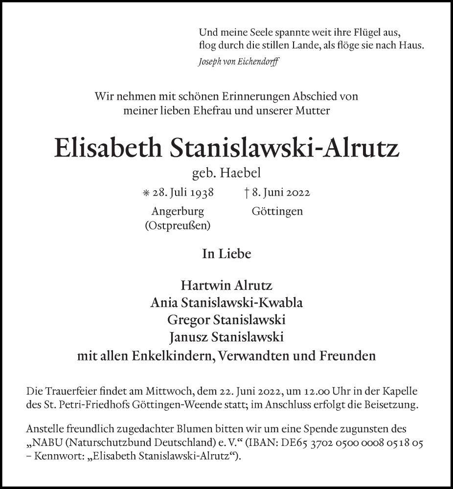  Traueranzeige für Elisabeth Stanislawski-Alrutz vom 18.06.2022 aus Göttinger Tageblatt
