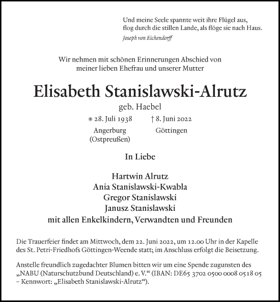 Traueranzeige von Elisabeth Stanislawski-Alrutz von Göttinger Tageblatt