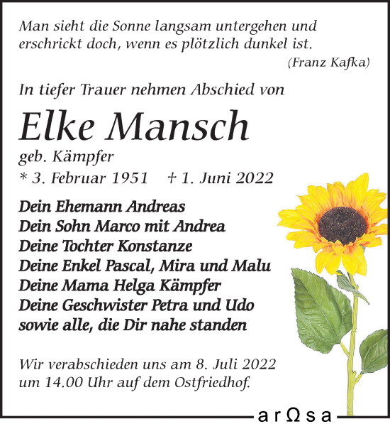 Traueranzeige von Elke Mansch von Leipziger Volkszeitung