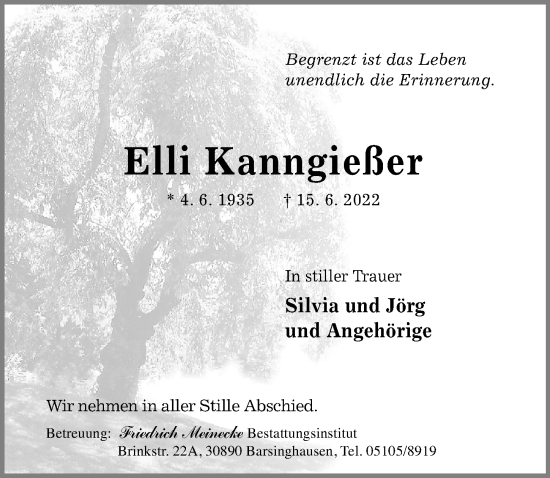 Traueranzeige von Elli Kanngießer von Hannoversche Allgemeine Zeitung/Neue Presse
