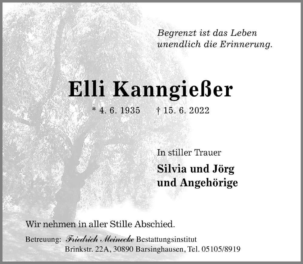  Traueranzeige für Elli Kanngießer vom 18.06.2022 aus Hannoversche Allgemeine Zeitung/Neue Presse