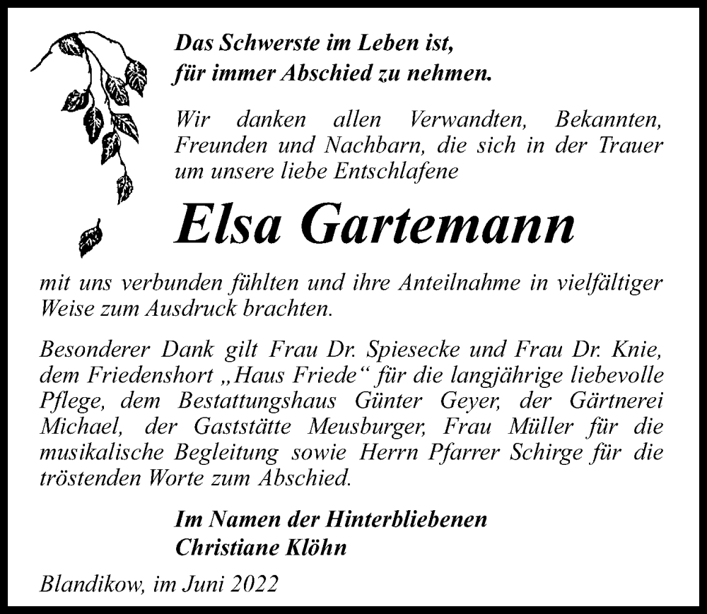  Traueranzeige für Elsa Gartemann vom 25.06.2022 aus Märkischen Allgemeine Zeitung