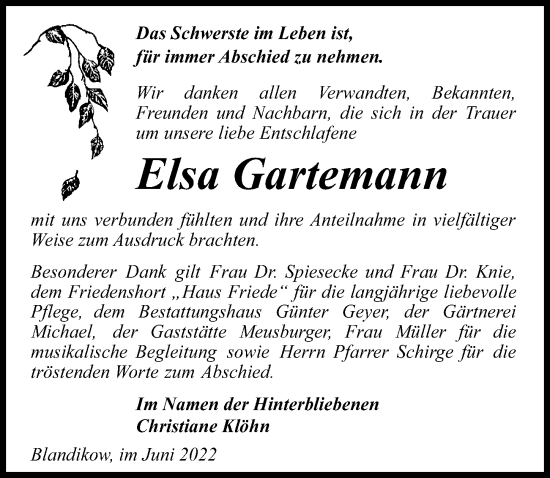 Traueranzeige von Elsa Gartemann von Märkischen Allgemeine Zeitung