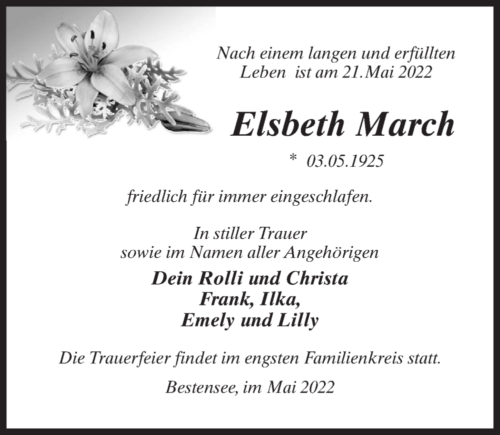  Traueranzeige für Elsbeth March vom 28.05.2022 aus Märkischen Allgemeine Zeitung
