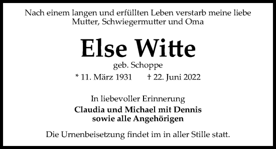 Traueranzeige von Else Witte von Hannoversche Allgemeine Zeitung/Neue Presse