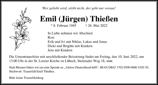 Traueranzeige von Emil  Thießen von Lübecker Nachrichten