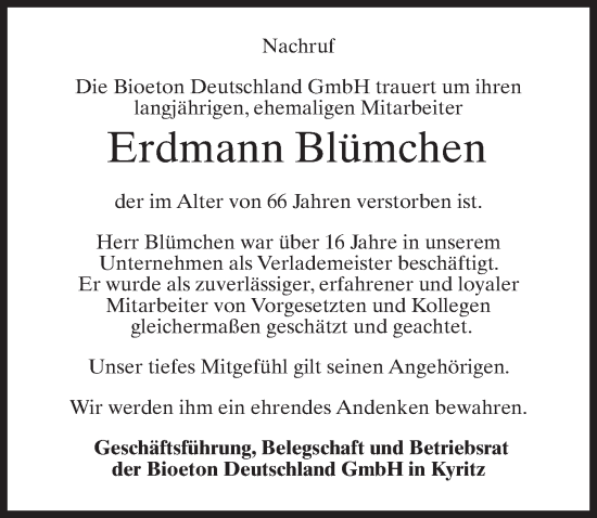 Traueranzeige von Erdmann Blümchen von Märkischen Allgemeine Zeitung