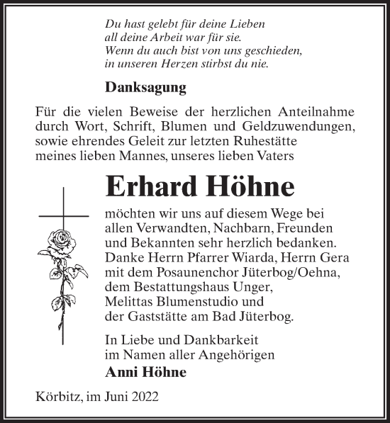 Traueranzeige von Erhard Höhne von Märkischen Allgemeine Zeitung