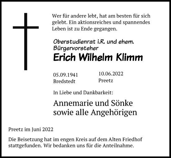 Traueranzeige von Erich Wilhelm Klimm von Kieler Nachrichten