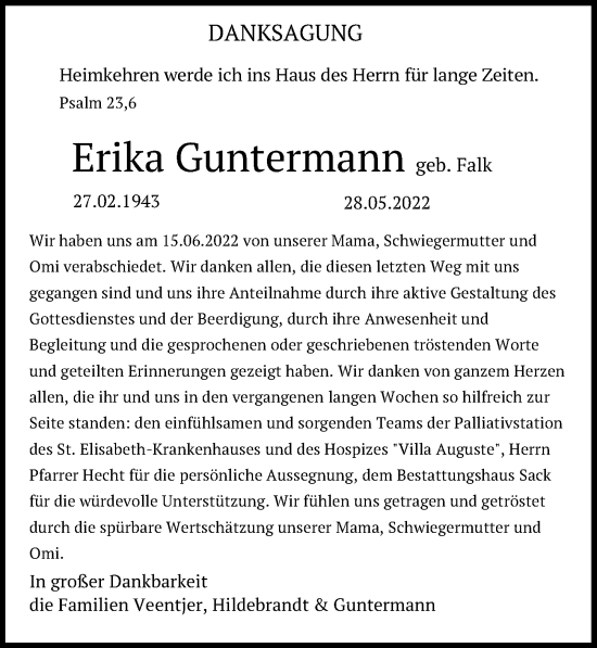 Traueranzeige von Erika Guntermann von Leipziger Volkszeitung