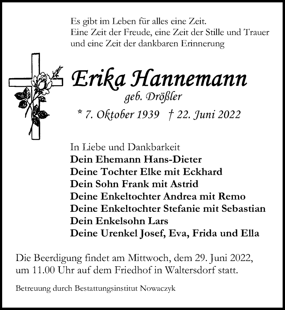  Traueranzeige für Erika Hannemann vom 24.06.2022 aus Märkischen Allgemeine Zeitung