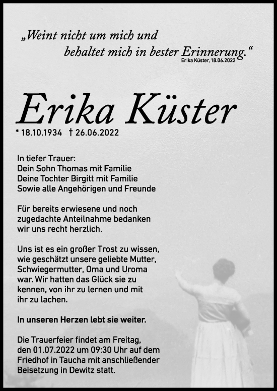 Traueranzeige von Erika Küster von Leipziger Volkszeitung