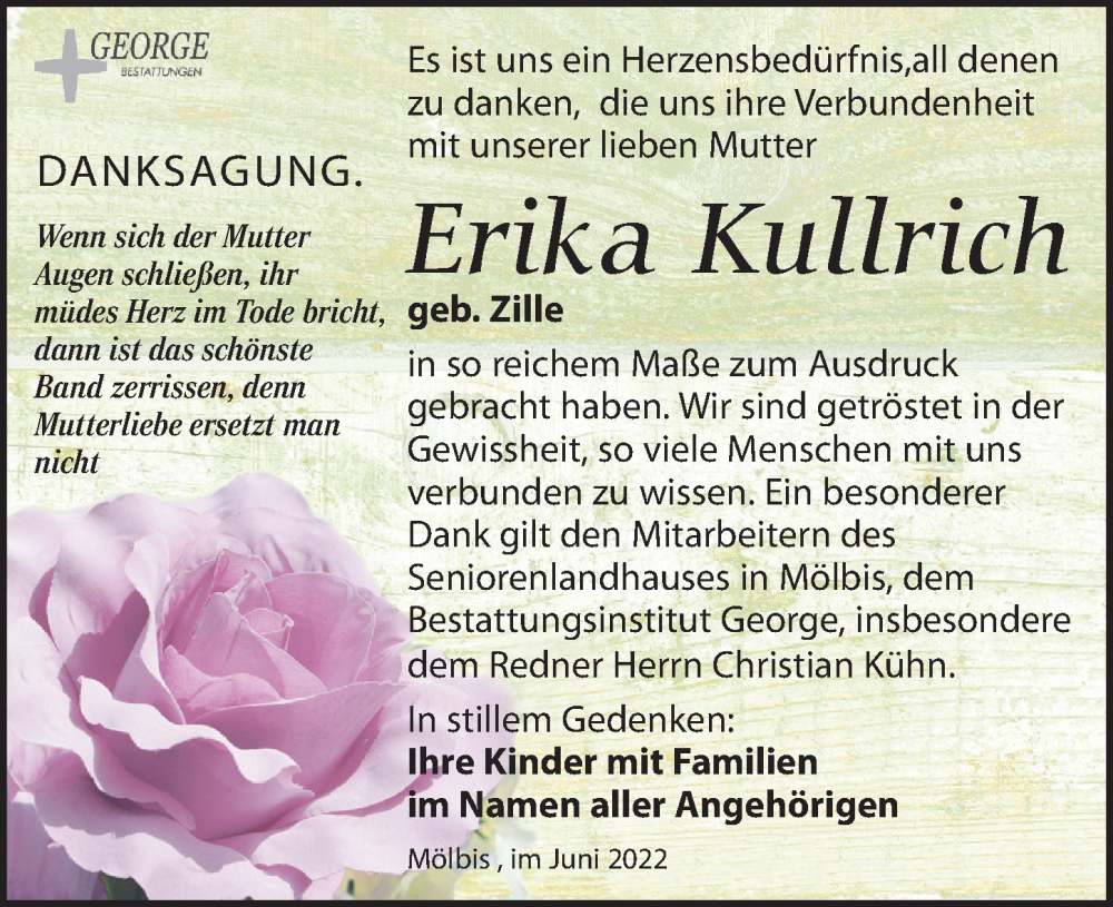  Traueranzeige für Erika Kullrich vom 04.06.2022 aus Leipziger Volkszeitung