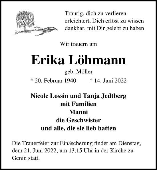 Traueranzeige von Erika Löhmann von Lübecker Nachrichten