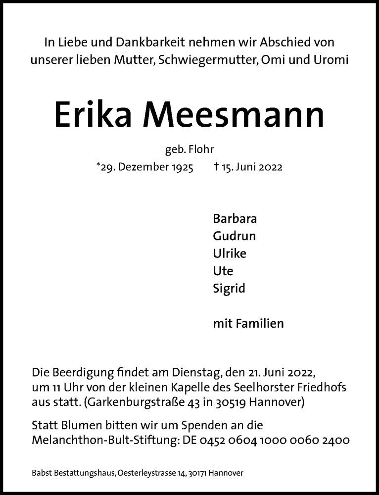  Traueranzeige für Erika Meesmann vom 18.06.2022 aus Hannoversche Allgemeine Zeitung/Neue Presse