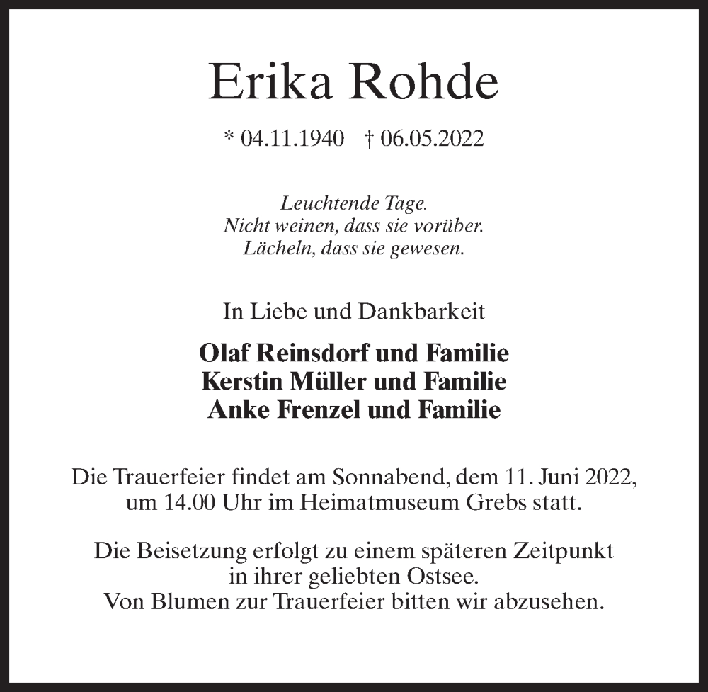  Traueranzeige für Erika Rohde vom 28.05.2022 aus Märkischen Allgemeine Zeitung
