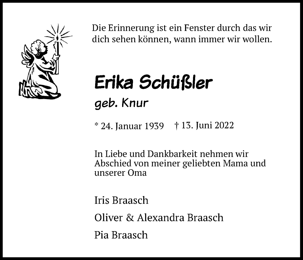  Traueranzeige für Erika Schüßler vom 29.06.2022 aus Lübecker Nachrichten