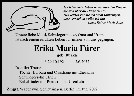 Traueranzeige von Erika Maria Fürer von Ostsee-Zeitung GmbH