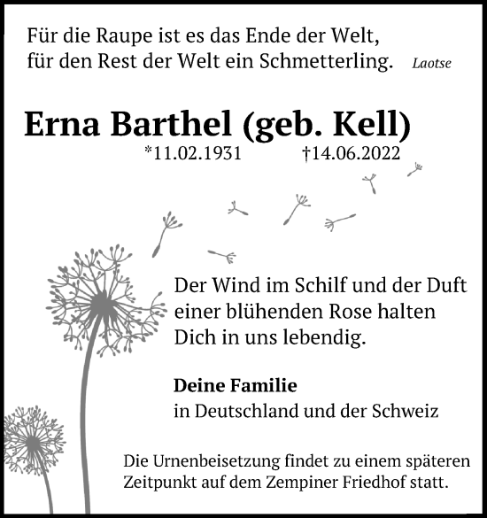 Traueranzeige von Erna Barthel von Ostsee-Zeitung GmbH