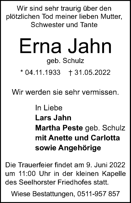 Traueranzeige von Erna Jahn von Hannoversche Allgemeine Zeitung/Neue Presse