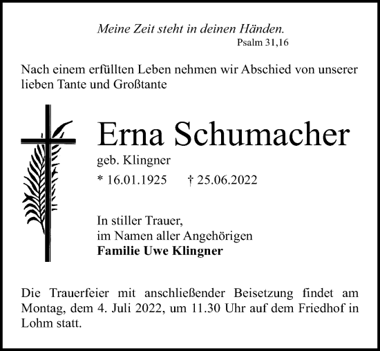 Traueranzeige von Erna Schumacher von Märkischen Allgemeine Zeitung