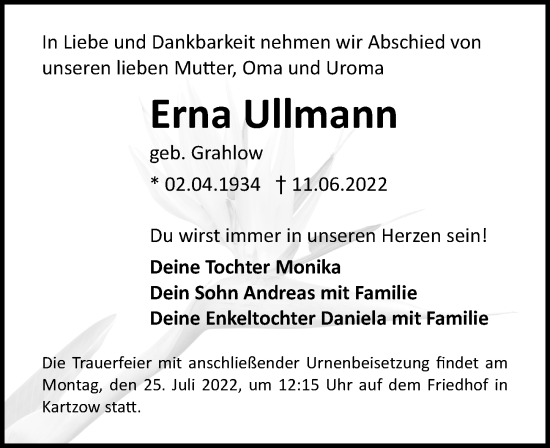 Traueranzeige von Erna Ullmann von Märkischen Allgemeine Zeitung