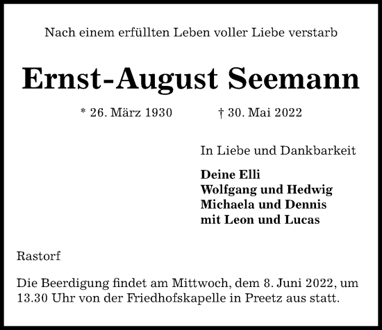 Traueranzeige von Ernst-August Seemann von Kieler Nachrichten