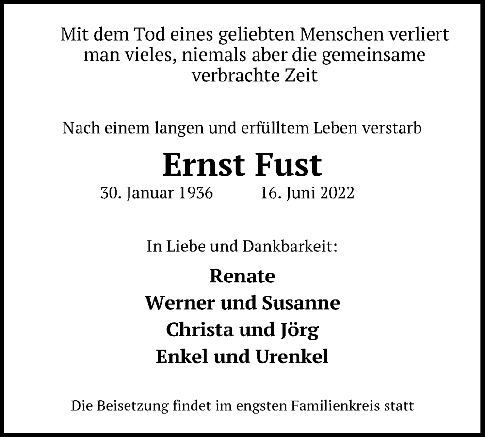  Traueranzeige für Ernst Fust vom 22.06.2022 aus Hannoversche Allgemeine Zeitung/Neue Presse