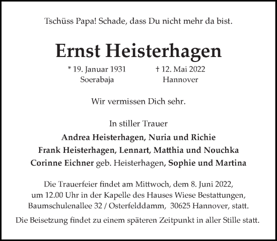Traueranzeige von Ernst Heisterhagen von Hannoversche Allgemeine Zeitung/Neue Presse
