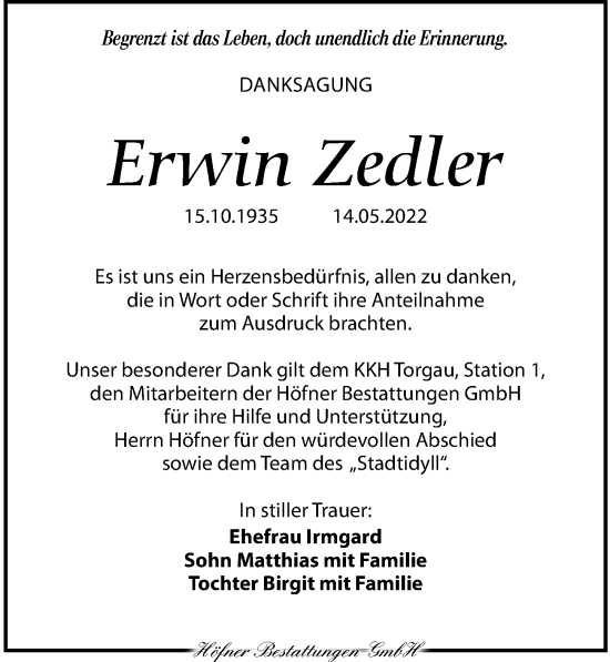 Traueranzeige von Erwin Zedler von Torgauer Zeitung