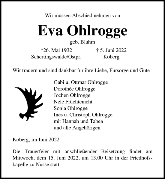 Traueranzeige von Eva Ohlrogge von Lübecker Nachrichten