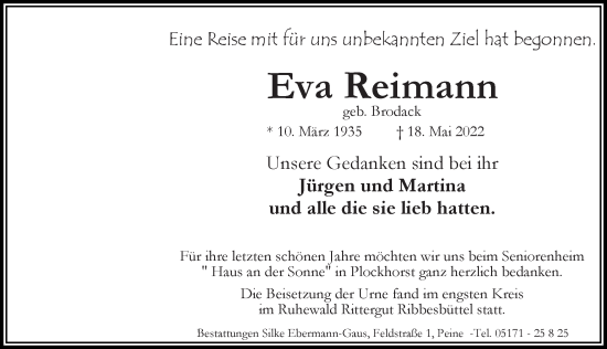 Traueranzeige von Eva Reimann von Peiner Allgemeine Zeitung