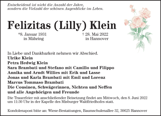 Traueranzeige von Felizitas Klein von Hannoversche Allgemeine Zeitung/Neue Presse