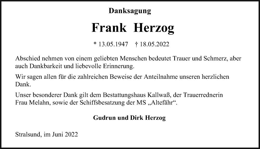  Traueranzeige für Frank Herzog vom 25.06.2022 aus Ostsee-Zeitung GmbH