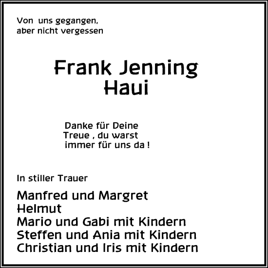 Traueranzeige von Frank Jenning von Göttinger Tageblatt