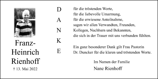 Traueranzeige von Franz-Heinrich Rienhoff von Lübecker Nachrichten