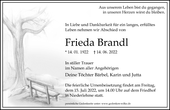 Traueranzeige von Frieda Brandl von Märkischen Allgemeine Zeitung