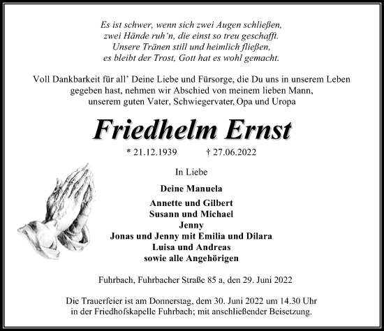 Traueranzeige von Friedhelm Ernst von Eichsfelder Tageblatt