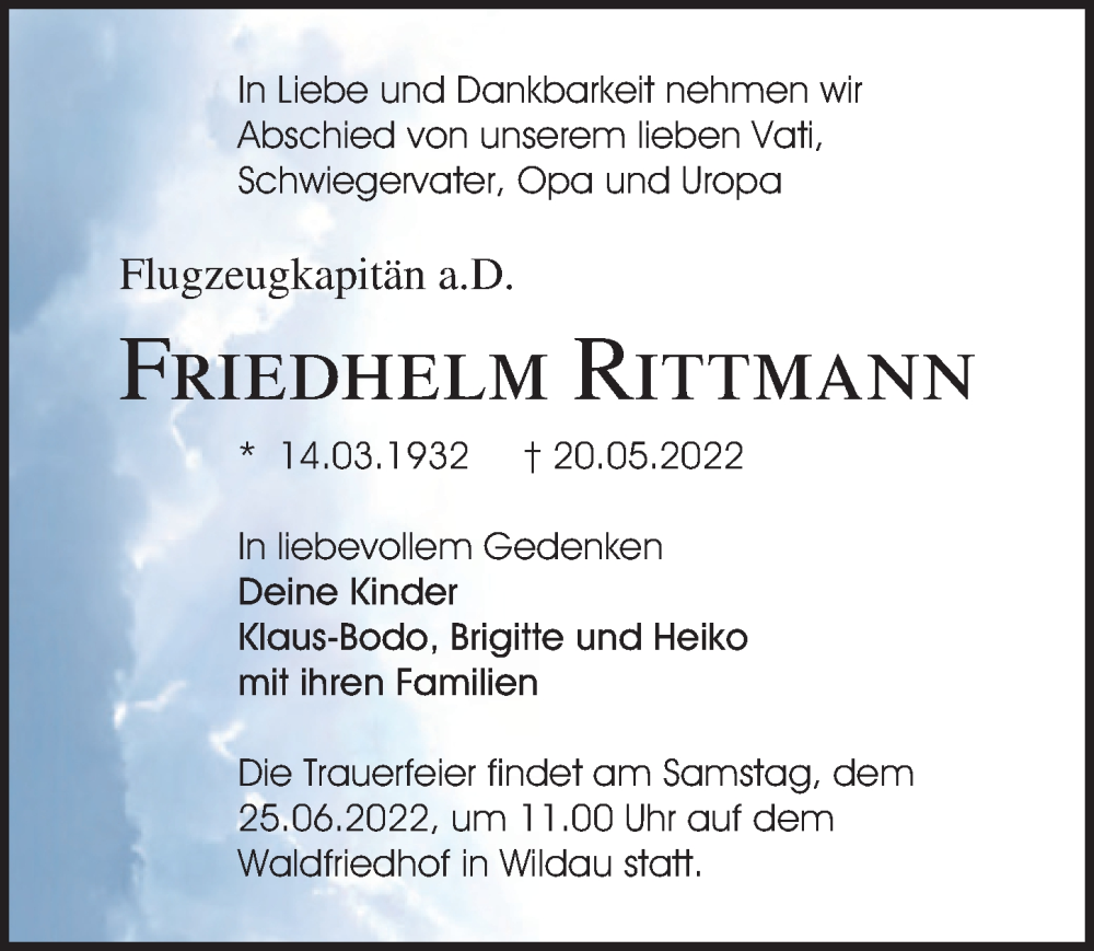 Traueranzeige für Friedhelm Rittmann vom 28.05.2022 aus Märkischen Allgemeine Zeitung