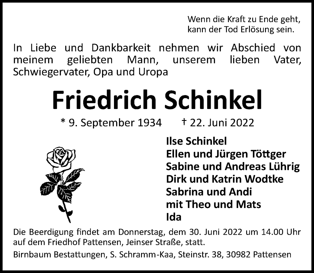  Traueranzeige für Friedrich Schinkel vom 25.06.2022 aus Hannoversche Allgemeine Zeitung/Neue Presse