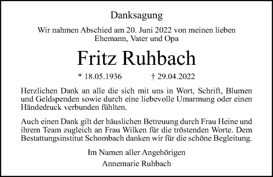 Traueranzeige von Fritz Ruhbach von Ostsee-Zeitung GmbH