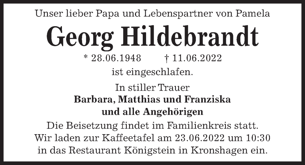  Traueranzeige für Georg Hildebrandt vom 18.06.2022 aus Kieler Nachrichten