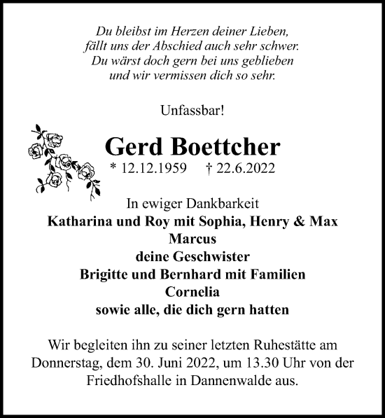 Traueranzeige von Gerd Boettcher von Märkischen Allgemeine Zeitung