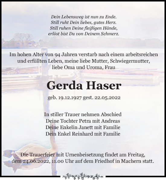 Traueranzeige von Gerda Haser von Leipziger Volkszeitung
