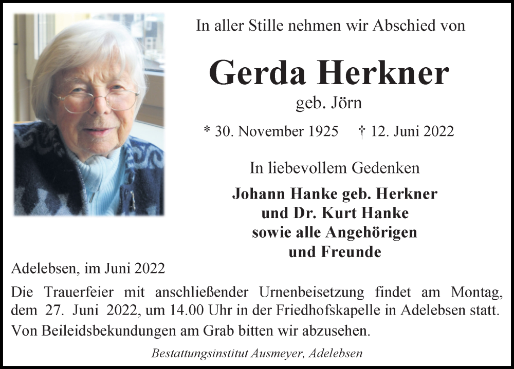 Traueranzeige für Gerda Herkner vom 18.06.2022 aus Göttinger Tageblatt