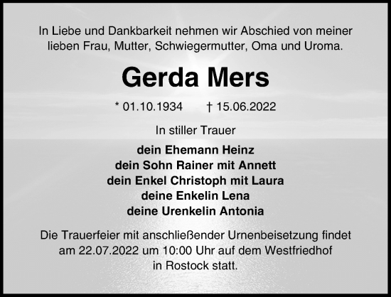 Traueranzeige von Gerda Mers von Ostsee-Zeitung GmbH
