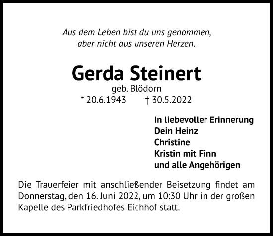 Traueranzeige von Gerda Steinert von Kieler Nachrichten