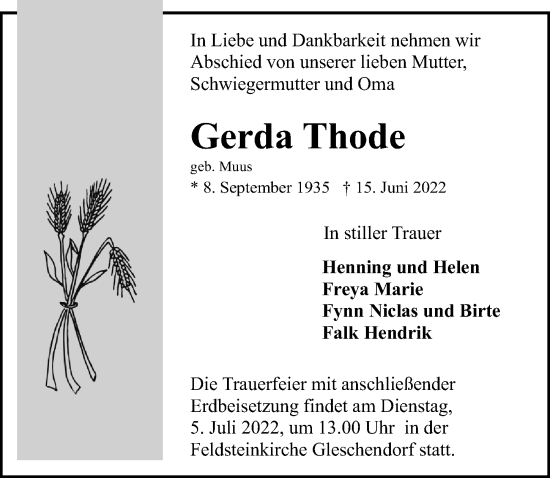 Traueranzeige von Gerda Thode von Lübecker Nachrichten